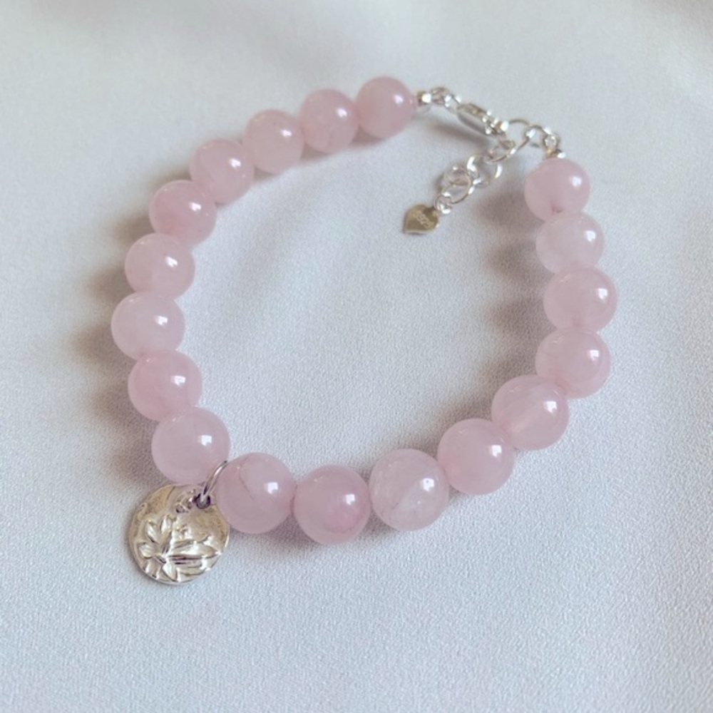 Rose Quartz Sterling Silver Lotus Medallion Charm Bracelet